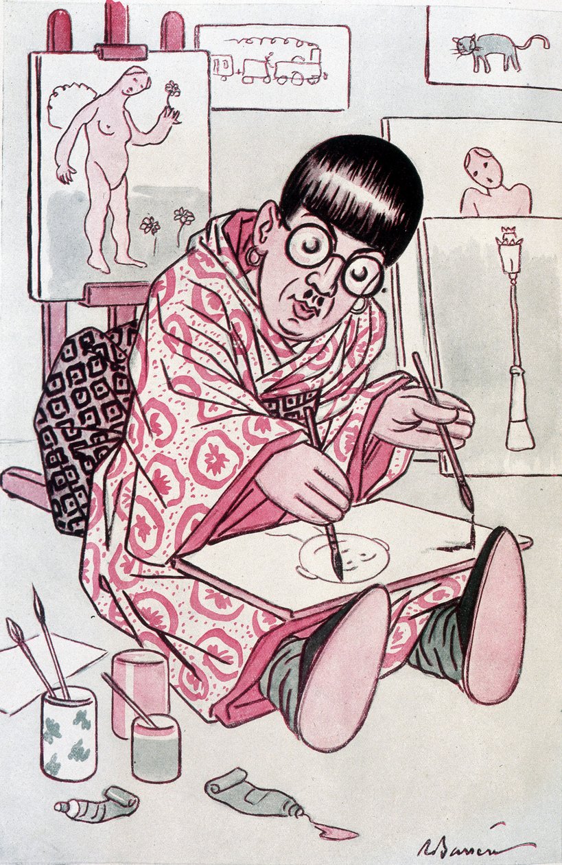 日本出身のフランス人画家、藤田嗣治（レオナール・フジタ）を描いたカートゥーン（1886-1968）。1927年04月01日、「ファンタジオ」に掲載されたBarrereのドローイング。 作： エイドリアン・バレレ