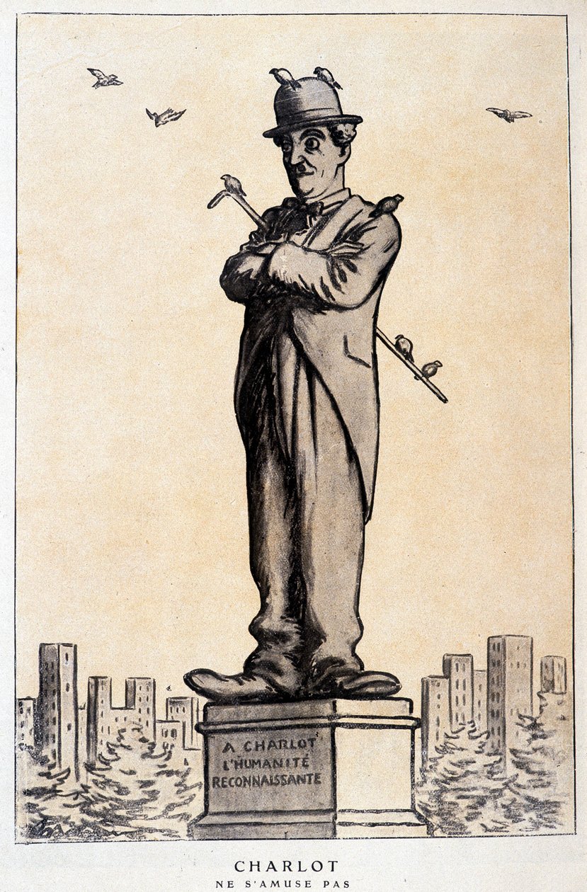 台座に文字が書かれた彫像のシャルロ。「Charlot, the grateful humanity" ("Charlot ne s