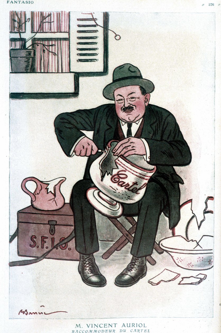 Vincent Auriol, Cartel Raccommodeur: Vincent Auriol (1884-1938)とSFIO (S.F.I.O)およびCartel des gaucheについてのユーモラスな絵。A.Barrereによるドローイング-1929年2月15日の "Fantasio "に掲載。 作： エイドリアン・バレレ
