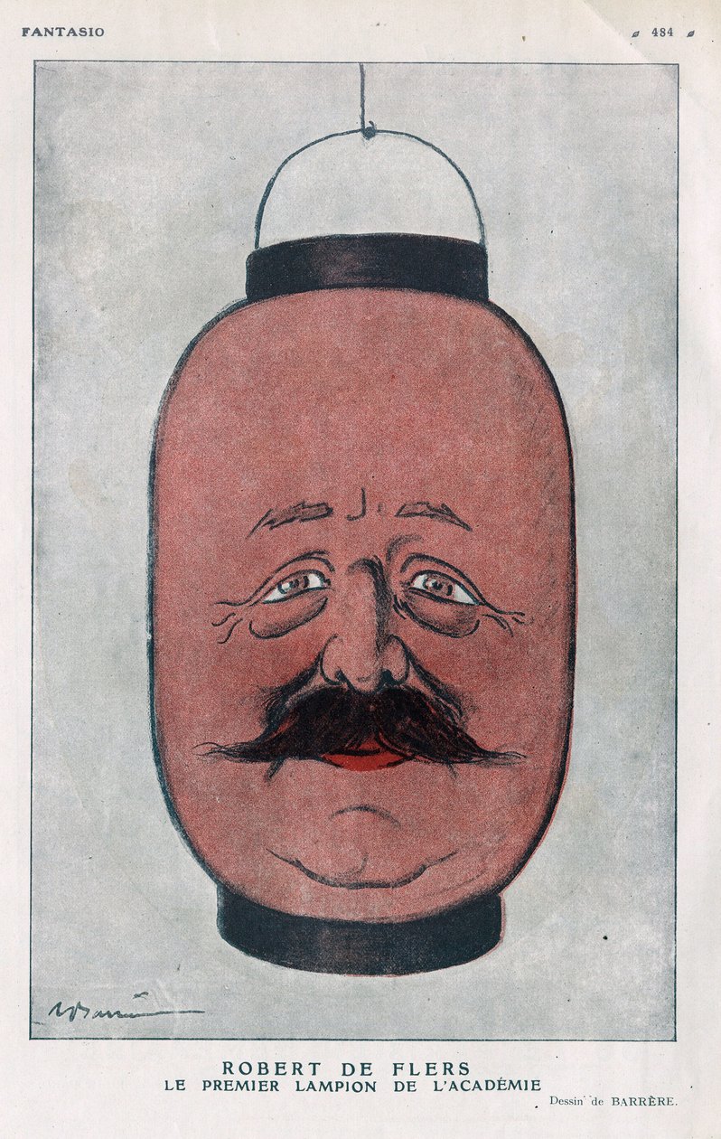 Robert Pelleve de La Motte-Ango (Motte Ango), Marquis de Flers, French playwright (1872-1927).アカデミーの最初のランタン）。1921年6月の「ファンタジオ」に掲載されたバレールの漫画。 作： エイドリアン・バレレ