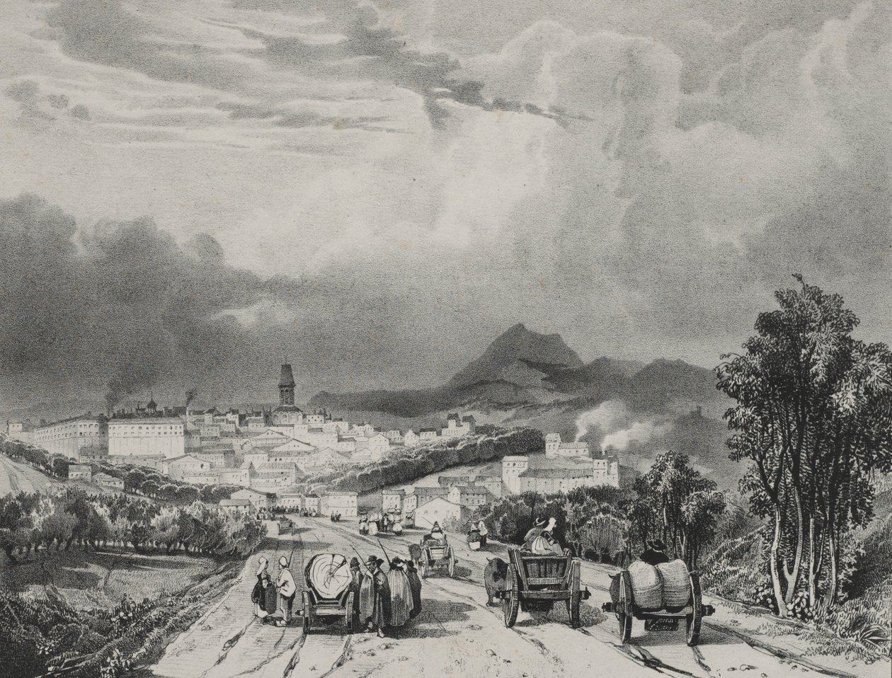 1829年、オーヴェルニュのリオンの全景。 作： エイドリアン・ダウザッツ