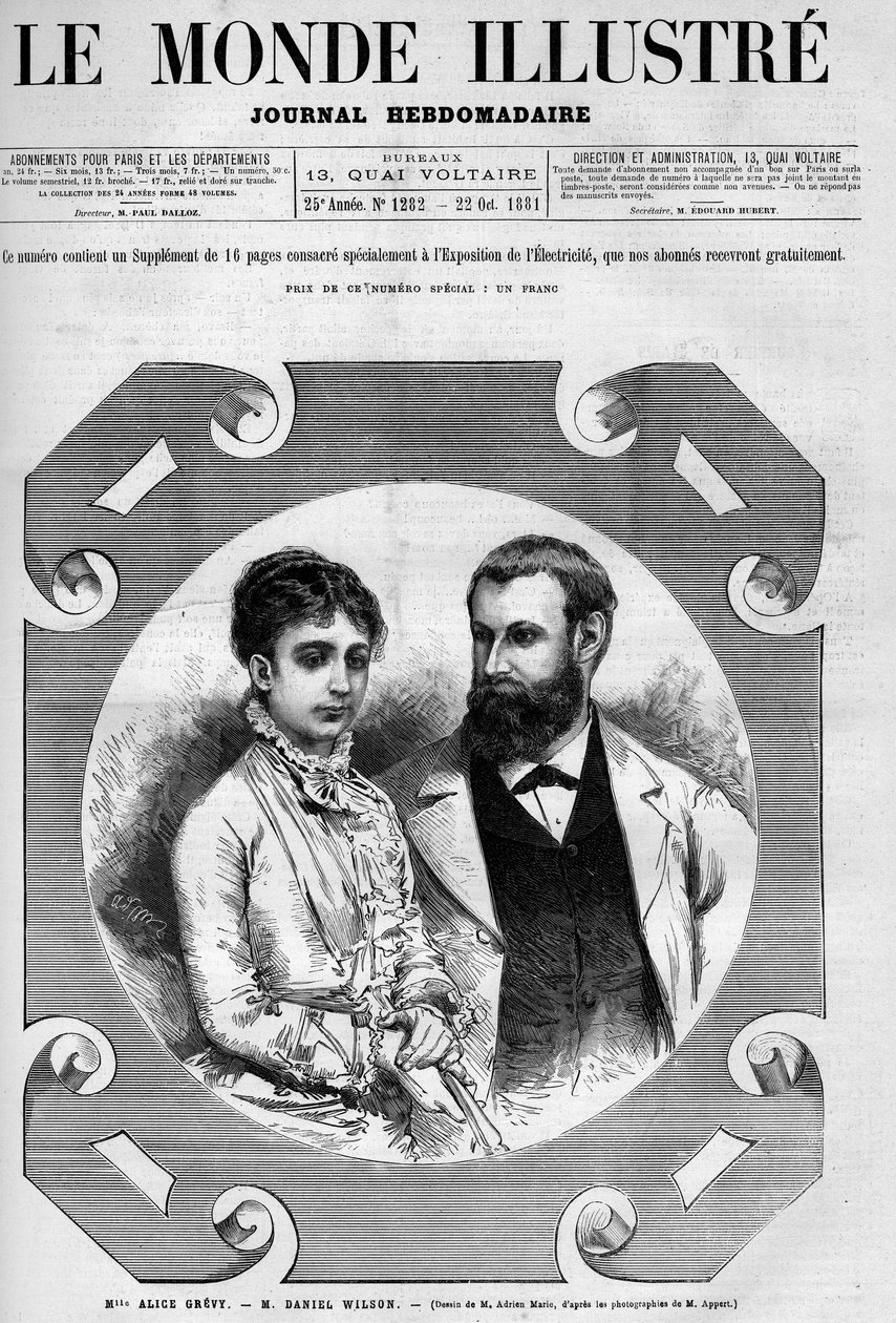 フランスの政治家ダニエル・ウィルソン（1840-1919）とその妻アリス・グレヴィの肖像。エイドリアン・マリーによる版画。10月22日付「華麗なる世界」第1282号の1枚 作： エイドリアン・エマニュエル・マリー