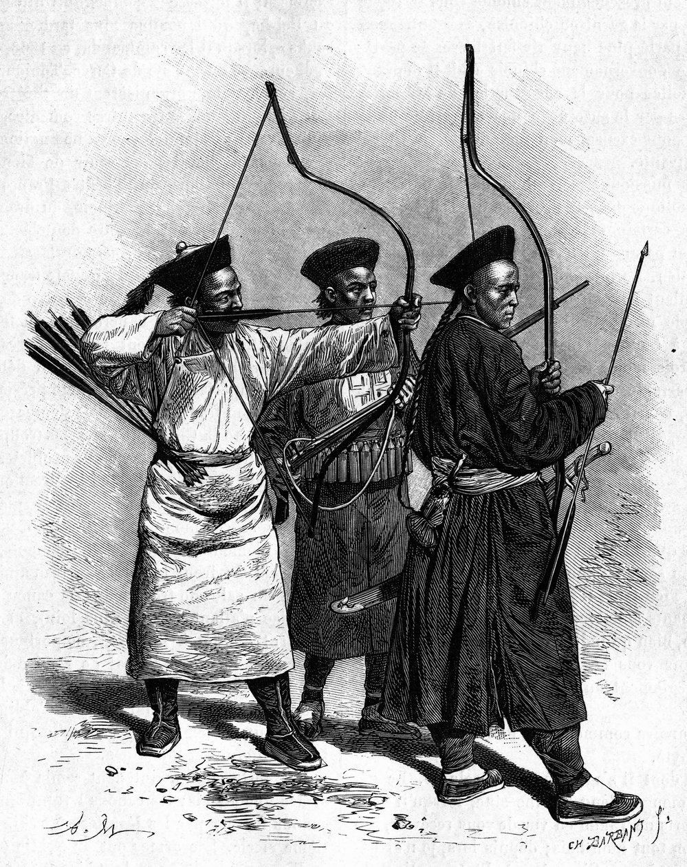 伝統的な衣装を身にまとった3人の中国人射手のポートレート（1870年代）。エドワード・シャルトン編『Le Tour du Monde, Nouveau journal des Voyages』（パリ）に掲載されたトムソンの写真をマリーが描いたものからのエングレーヴィング。 作： エイドリアン・エマニュエル・マリー