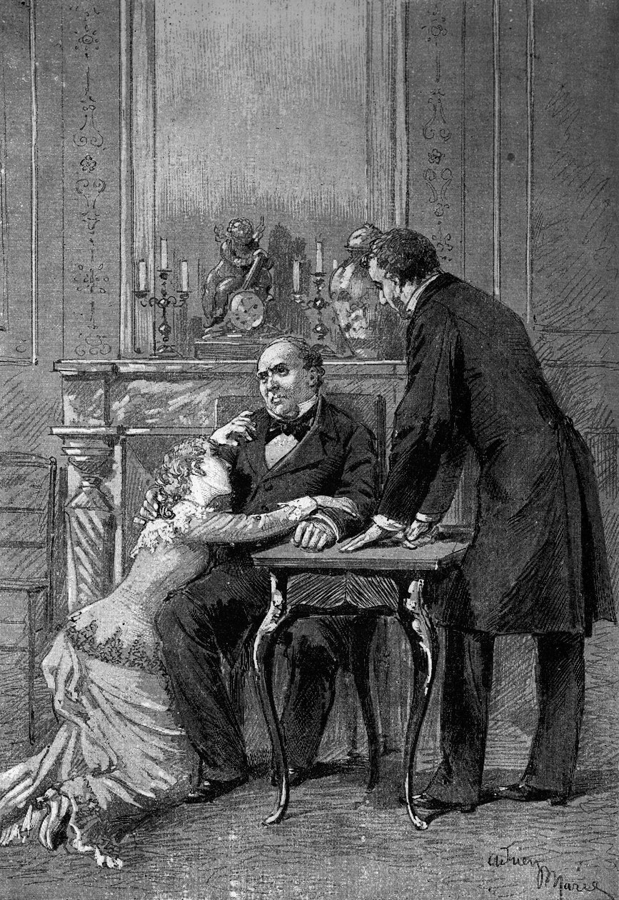 歌劇の表現：オーギュスト・ヴァクリー（1819-1895）による「ジャン・ボードリー」の第1幕、メレ・ベルテ（アンドレ）、M・バール（ブリュエル）、エドモンド・ゴット（1822-1901）（ジャン・ボードリー）が出演。パリ、コメディ・フランセーズ 作： エイドリアン・エマニュエル・マリー