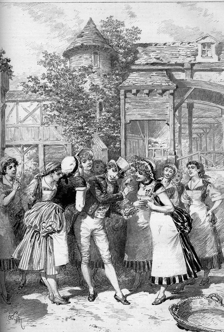 美しいニコラが村の娘たちに囲まれている。ジュリエット・シモン・ジラール（シモン・ジラール）（1859-1959）がニコラ役で出演したオペラ「美しいニコラ」（第2幕）は、ウジェーヌ・ルテリエ（1843-1884）、アルベール・ヴァンルー（1846-1920）のリブレットと 作： エイドリアン・エマニュエル・マリー