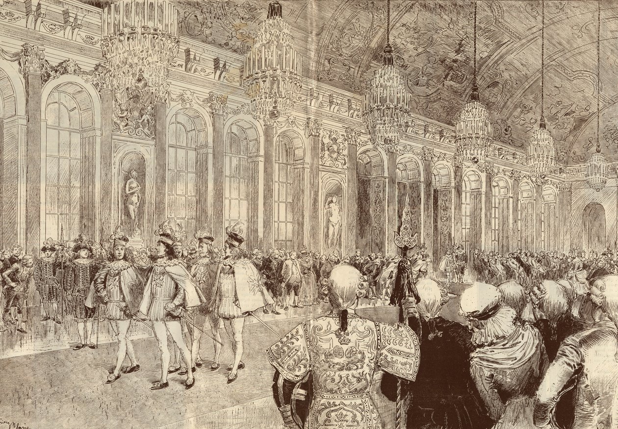 1789年の聖霊降臨祭の日にヴェルサイユ城の氷の回廊で行われた聖霊（ホーリー・スピリット）騎士団の行列。1889年にアドリアン・マリーが描いたもの。 作： エイドリアン・エマニュエル・マリー