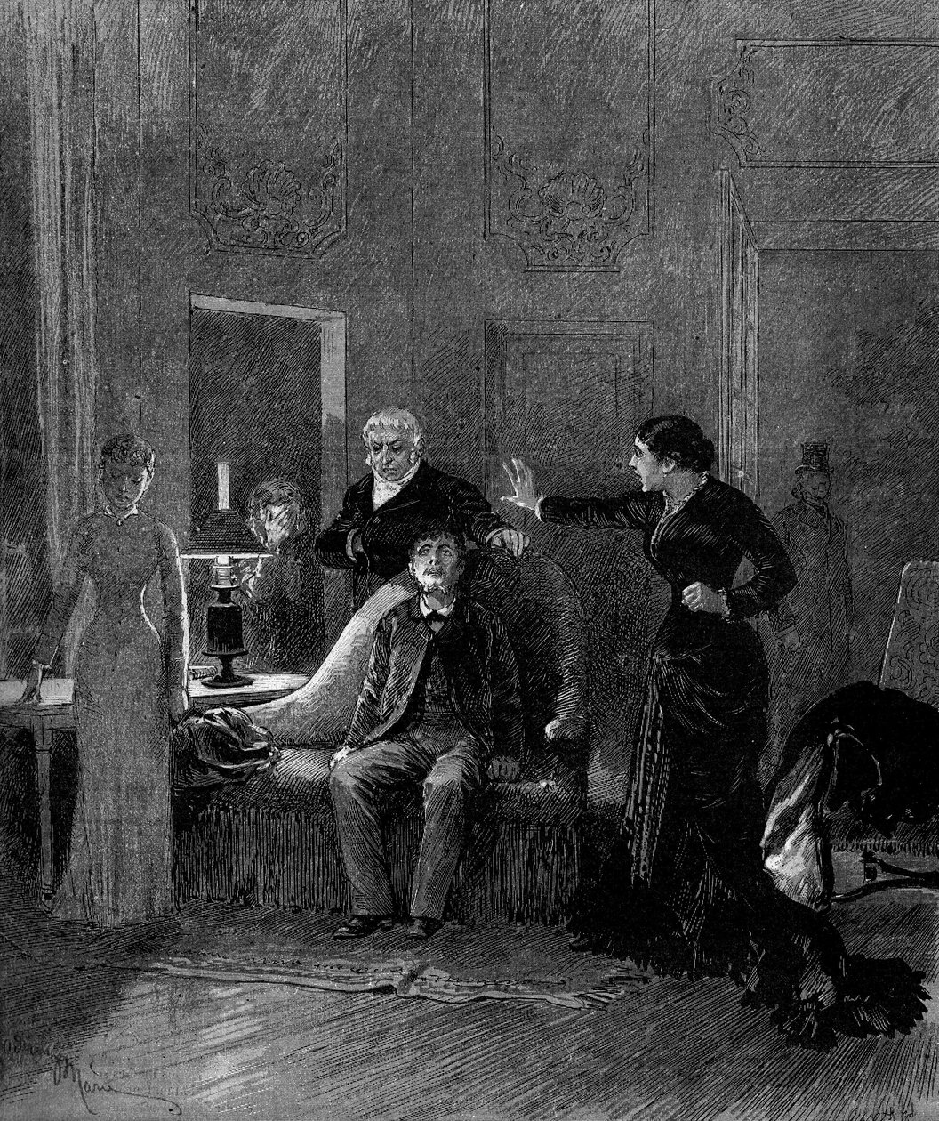演劇的表現。アルフォンス・ドーデ（1840-1897）とH.ラフォンテーヌによる「ジャック」の第5幕、ミス・シソス（セシル）、M.ポレル（ライバル博士）、M.シェルズ（ジャック）、ミス・モンタランド（アイダ・ド・バランシー）。パリ、オデオン座 作： エイドリアン・エマニュエル・マリー