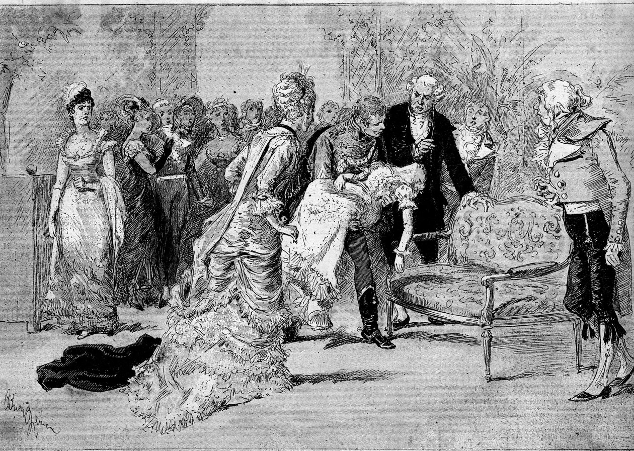 演劇での表現"ジュール・クラレティ（1840-1913）とウィリアム・バスナッハ（1832-1907）による「Le beau Solignac」、エドゥアール・アンジェロ（ソリニャック）とメレ・カソシー（ルイーズ・ド・ファルジュ）が出演。パリ、シャトレ劇場 作： エイドリアン・エマニュエル・マリー