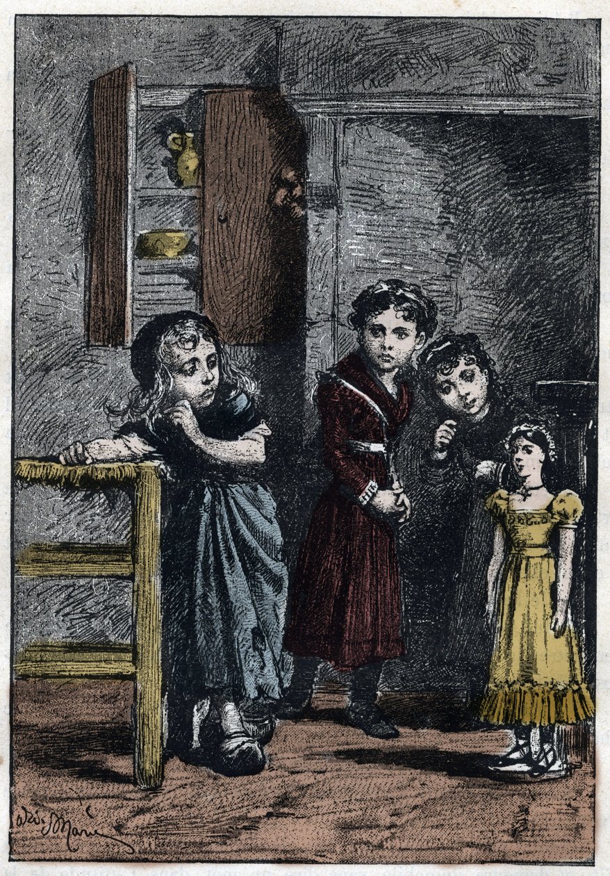 Die beiden Töchter von Thenardier, Eponine und Azelma, betrachten Cosette, die die Puppe Catherine erhalten hat - Illustration von Adrien Marie (1848-1891) für „Die Elenden - Zweiter Teil: Cosette“ von Victor Hugo (1802-1885) 1862 von Adrien Emmanuel Marie