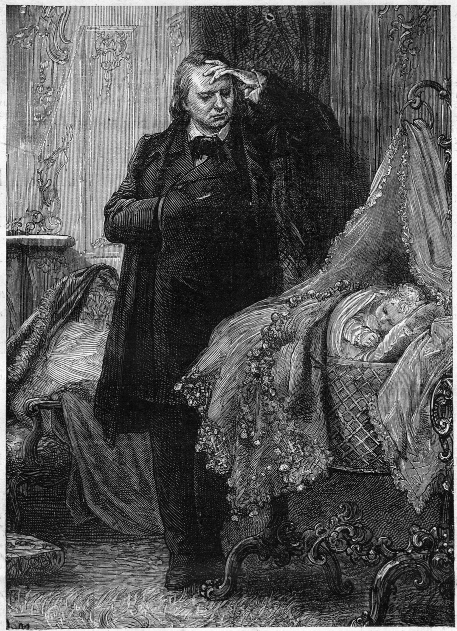 ベビーベッドで眠る子供を観察するヴィクトル・ユーゴー。ヴィクトル・ユーゴー（1802-1885）の「犯罪の歴史」のイラスト。M.A.マリーによるイラスト 作： エイドリアン・エマニュエル・マリー