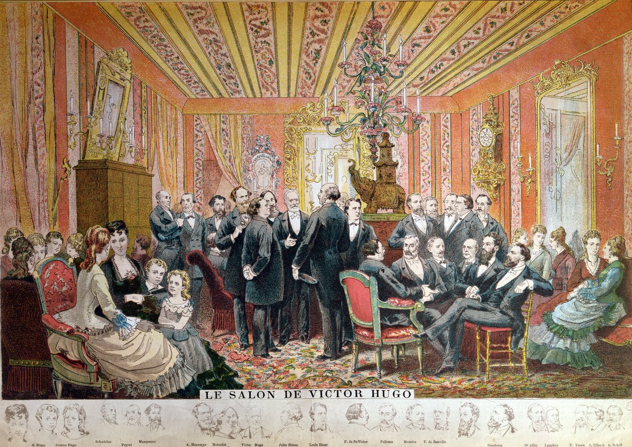 Victor Hugo&39;s Salon、21 rue de Clichy、パリ、1875年12月（カラー彫刻） 作： エイドリアン・エマニュエル・マリー