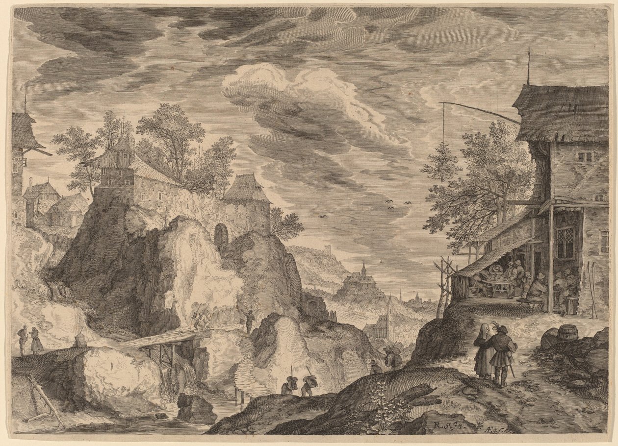 右に旅館のある風景、左に岩の上の家 作： RoelandtSavery後のAegidiusSadeler II