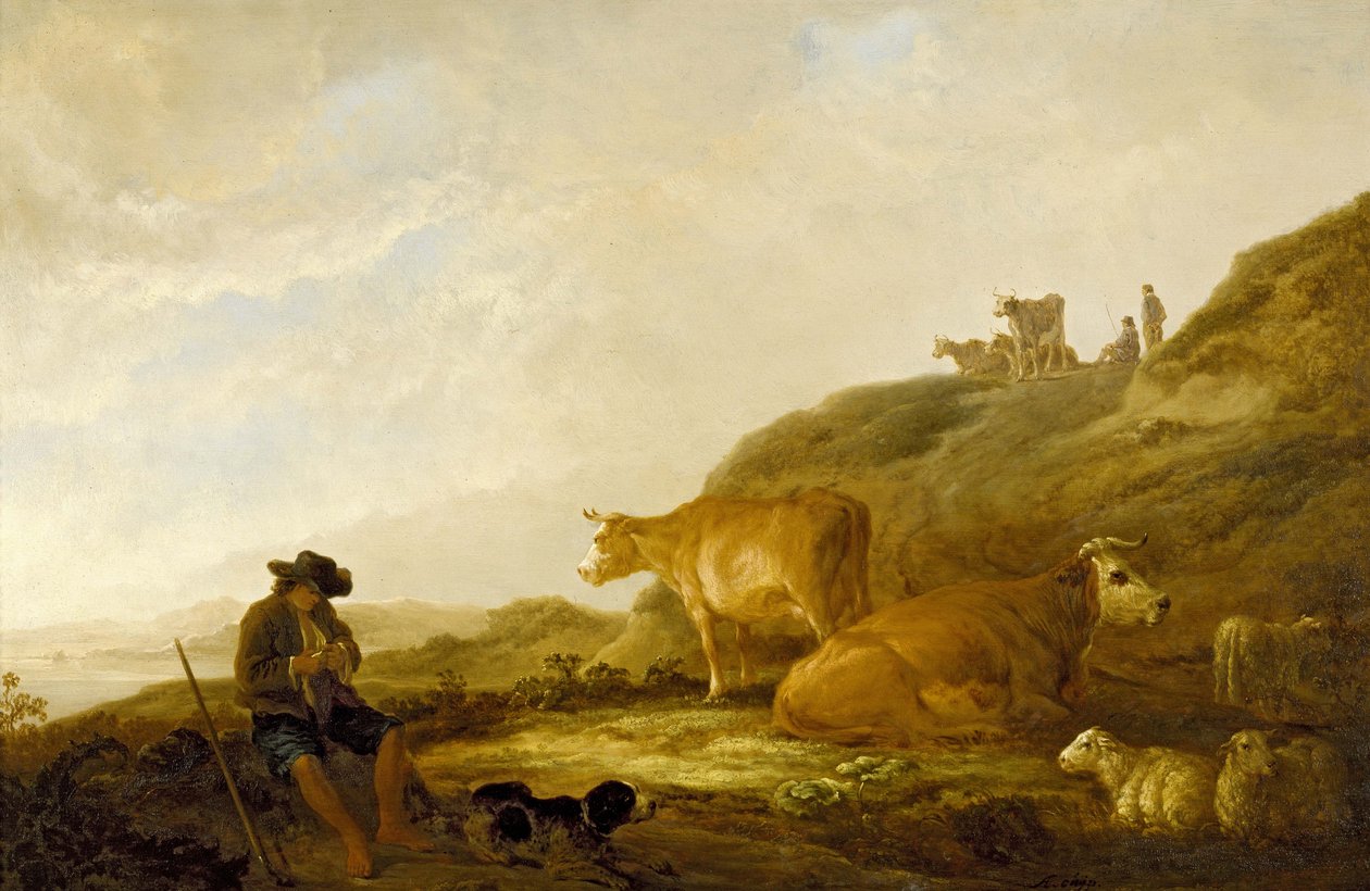 牧草地での牛と羊の座った羊飼い、1644年（オークパネルに油彩） 作： アエルバート・カイプ