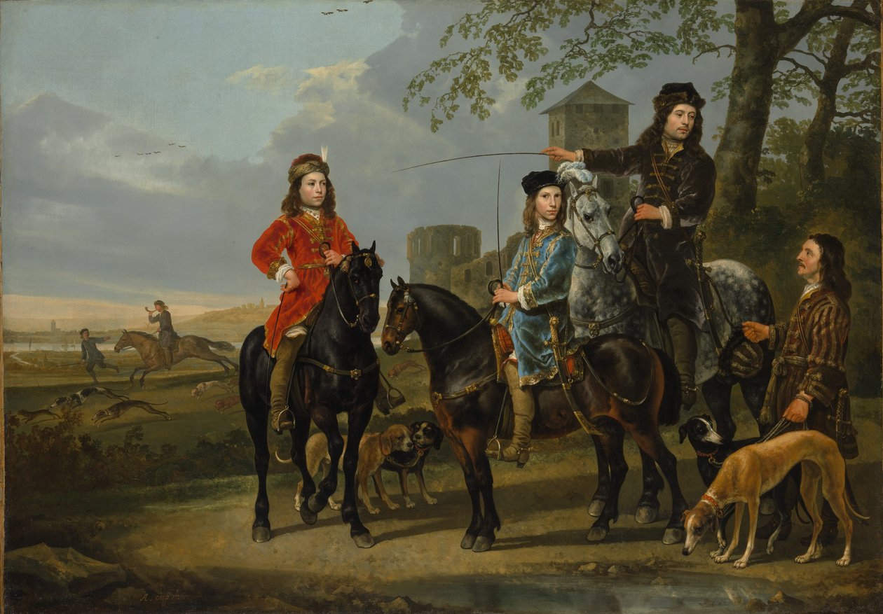 コーネリス（1639–1680）とミヒール・ポンペ・ファン・メールデルフォールト（1638–1653）の乗馬肖像画――家庭教師と御者とともに 作： アエルバート・カイプ