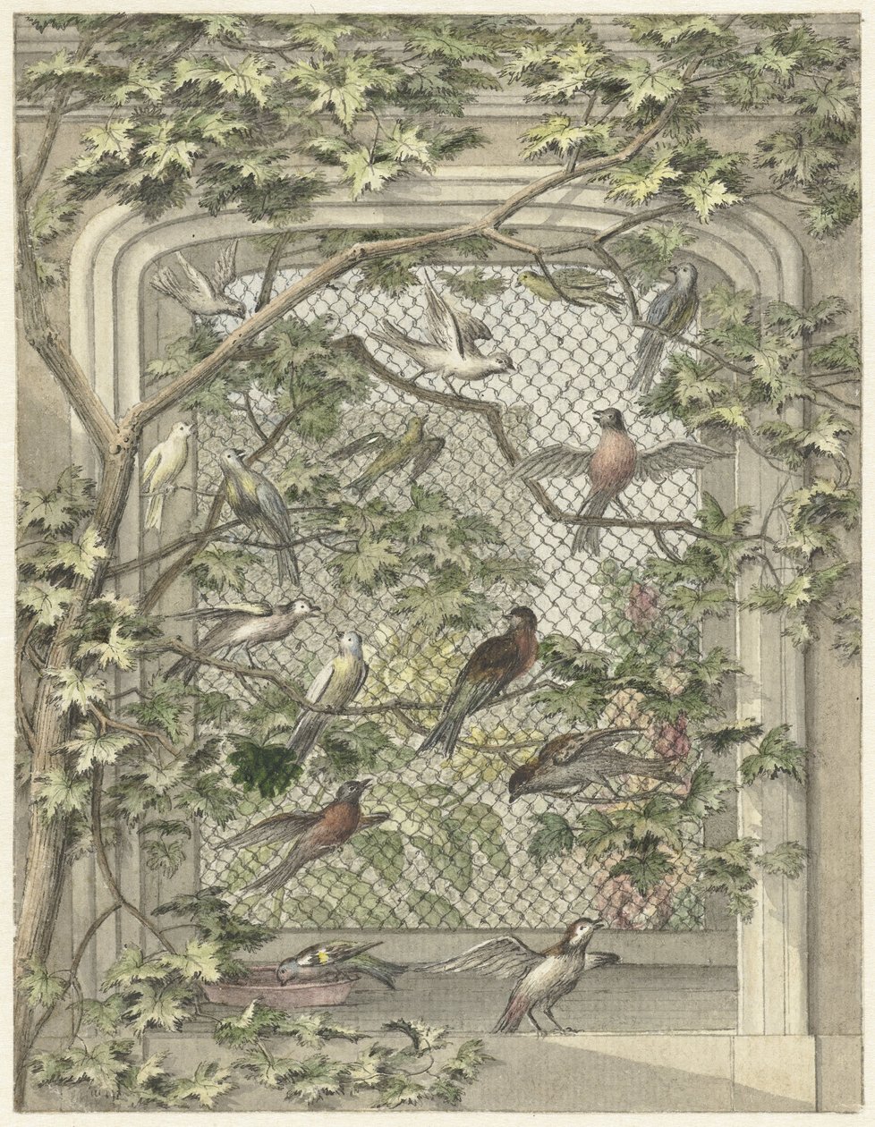 14羽の鳥がいる鳥小屋 作： Aert Schouman（おそらく）