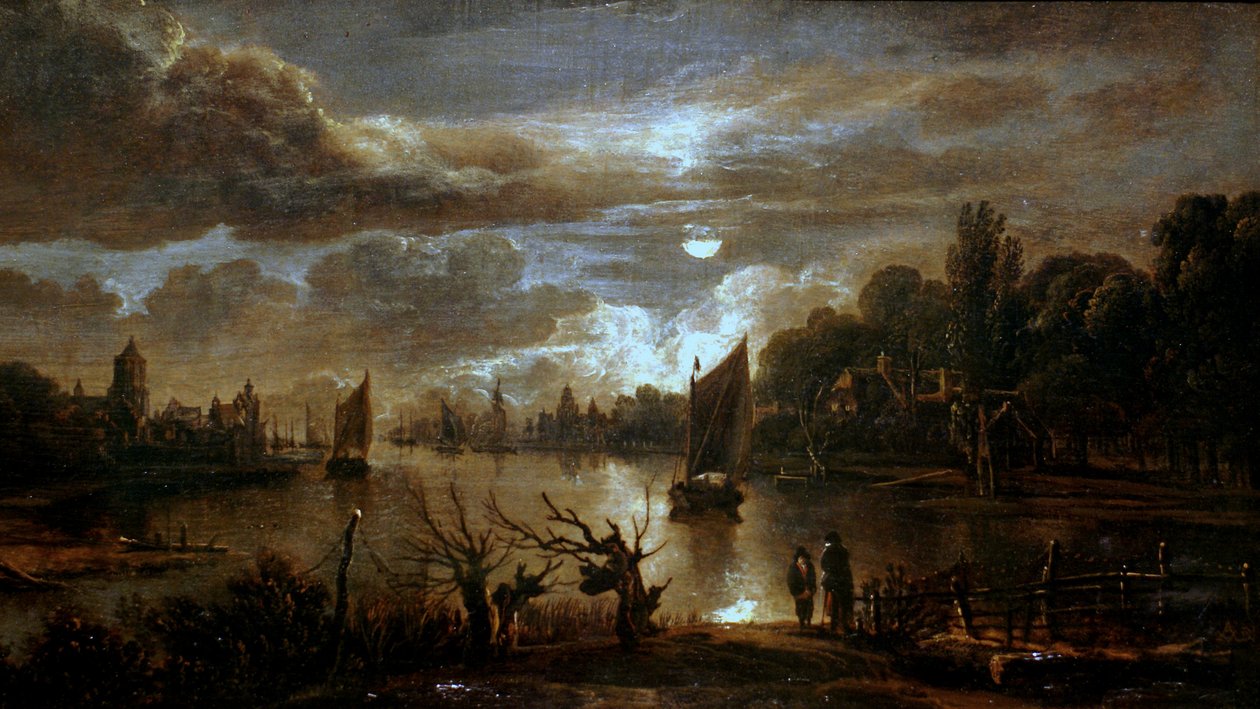 ドイツ語：Mondscheinlandschaft mit breitem Kanal 広い小川のある月夜の風景 作： アールト・ファン・デル・ニール