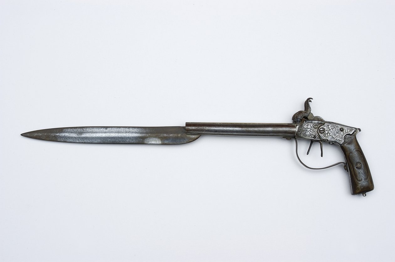 ダブルバレルパーカッションピストル、1840年頃（鋼、真鍮、ホーン） 作： アフリカ人