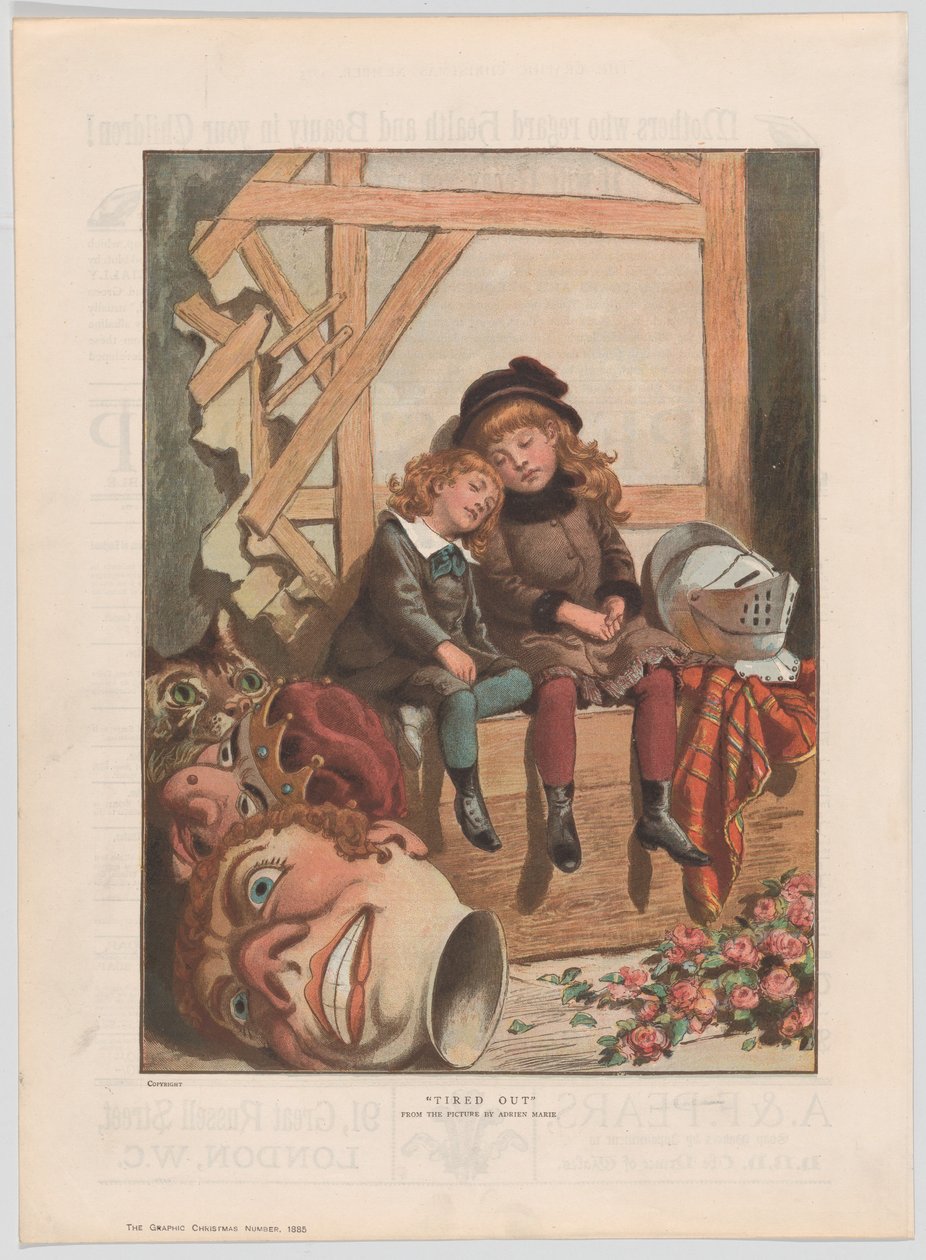Tired Out」（1885年12月7日、The Graphic Christmas numberより）。 作： アドリアン・エマニュエル・マリーの後。