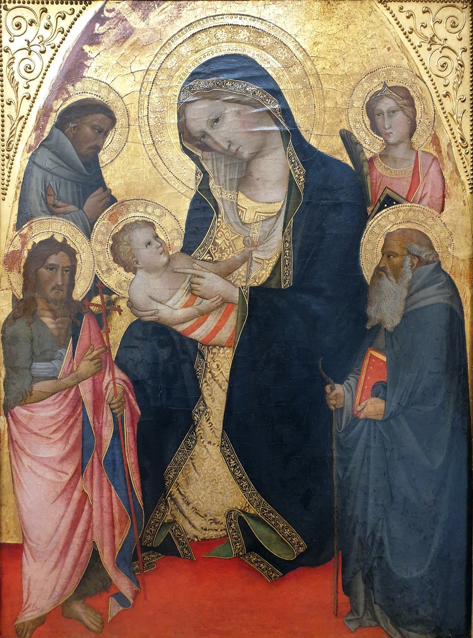 ドイツ語：Maria mit dem Kind und den Heiligen Johannes der Täufer, Franziskus, Antonius Abbas und einer weiblichen Märtyrerin マドンナと子供、洗礼者聖ヨハネ、聖フランシスコ、聖アンソニーと殉教者 作： アニョロ・ガディ