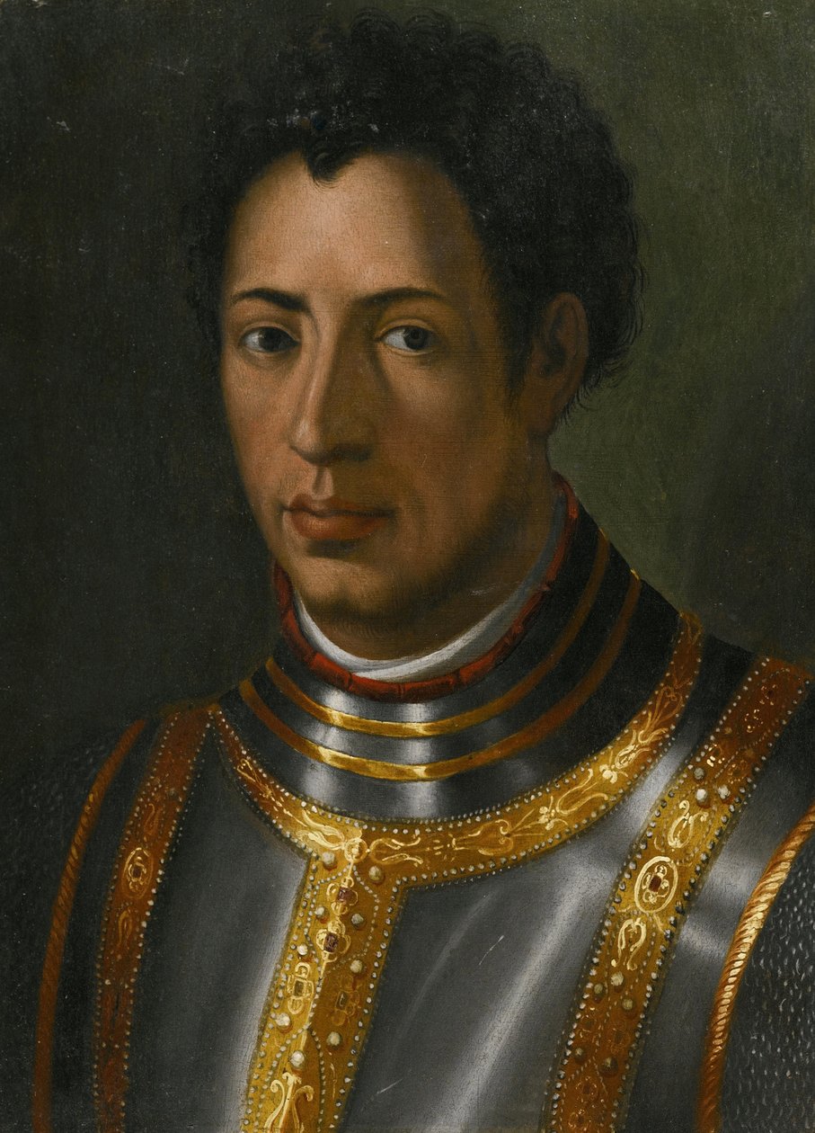 アレッサンドロ・デ・メディチ（1510-1537）の肖像（アレクサンドル・ド・メディシス、ディット・ル・モーレ） - ブロンジーノ、アグノロ（1503-1572）作。木に油彩、サイズ：23,2x16,7 作： アーニョロ・ブロンズィーノ