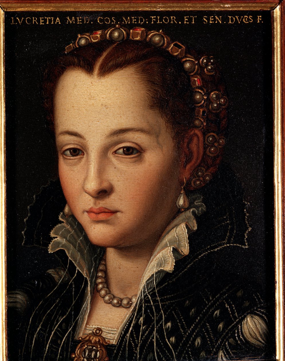 ルクレツィア・デ・メディチ（またはルクレツィア・ディ・コジモ・デ・メディチ）の肖像（1545-1561） アッロリ・アンジェロ・ディ・コジモ・ディ・ブロンジーノ（1503-1572）による絵画 - 16世紀 薄暗い 15x12 cm メディチ・リッカルディ宮殿（メディチ・リッカルディ） フィレンツェ 作： アーニョロ・ブロンズィーノ
