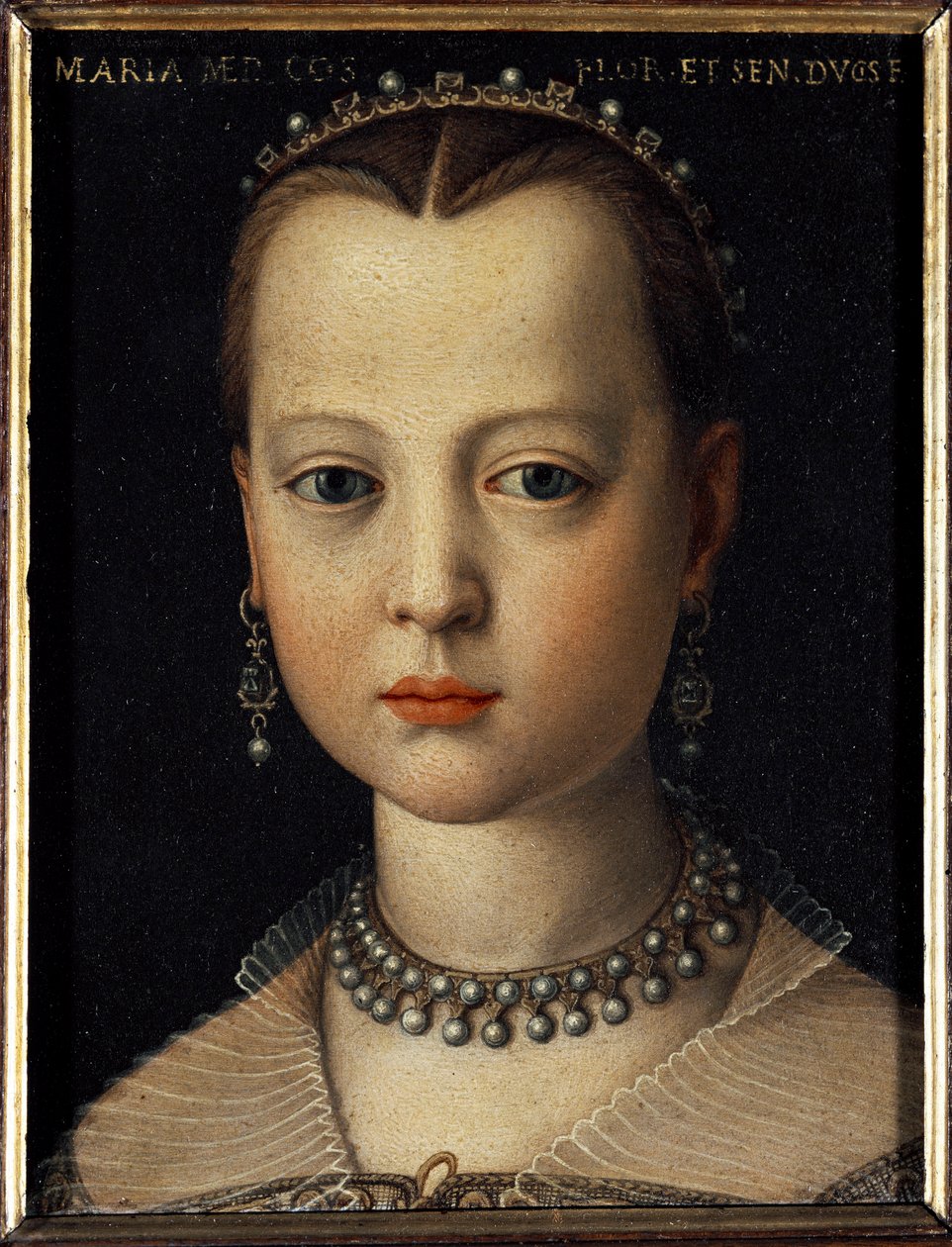 トスカーナ大公コジモ1世（Cosimo I de Medici）（1519-1574）の娘マリア・デ・メディチ（1540-1557）の肖像（トスカーナ大公コジモ1世の娘マリア・デ・メディチの肖像）ブロンヅィーノ（Agnolo di Cosimo）（1503-1572）の絵画 1551 Dim 15x12 c 作： アーニョロ・ブロンズィーノ