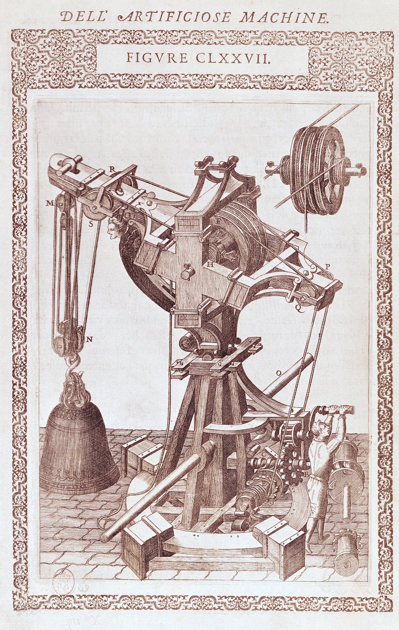 1588年にパリで公開されたクレーン、Agostino Ramelliの「Diverse Imaginary Machines」のイラスト（銅版画） 作： アゴスティーノ・ラメッリ