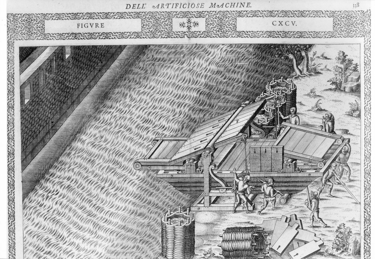 1588年にパリで出版されたAgostino Ramelliによる「Diverse Imaginary Machines」のイラストのボートの形をした橋（銅版の彫刻） 作： アゴスティーノ・ラメッリ