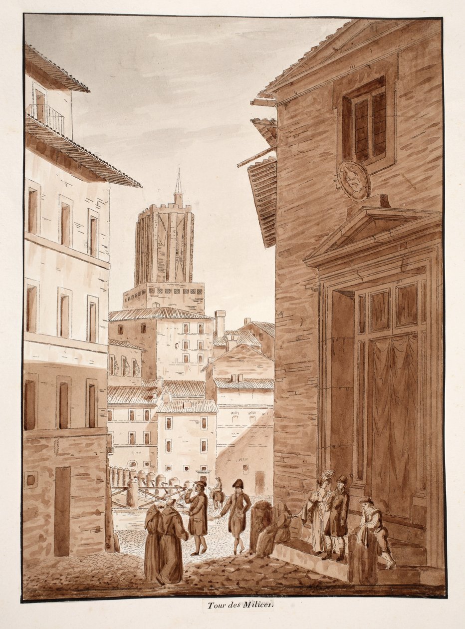 Torre delle Milizie、1833年（茶色のウォッシュでエッチング） 作： アゴスティーノ・トファネッリ