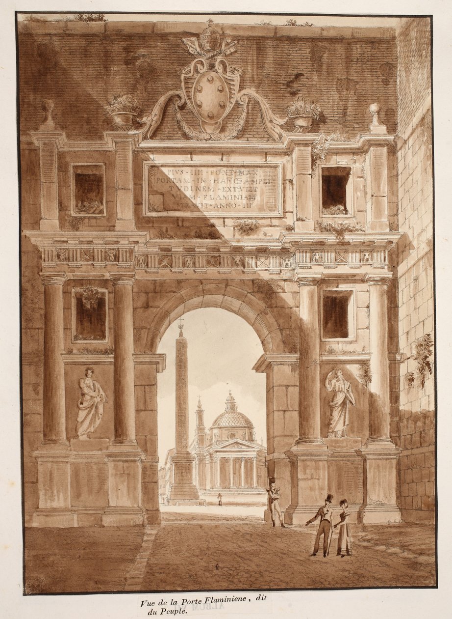 ポルタフラミニアまたはポルタデルポポロの眺め、1833年（茶色のウォッシュでエッチング） 作： アゴスティーノ・トファネッリ