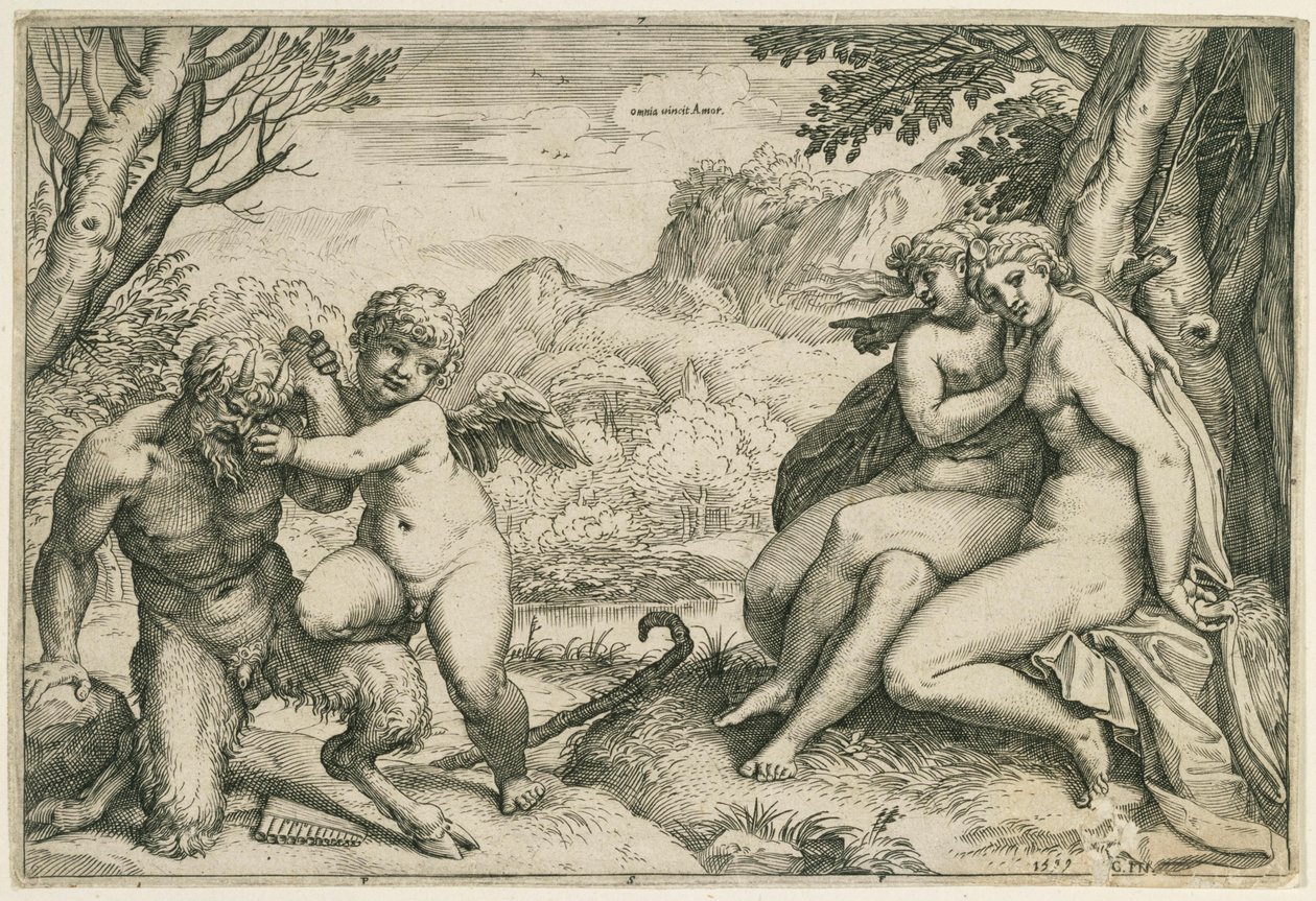 「Omnia vincit Amor」（愛はパンを打ち負かす。右側には、木陰に立つ二人のニンフが、風景の中に描かれている） 作： アゴスティーノカラッチ
