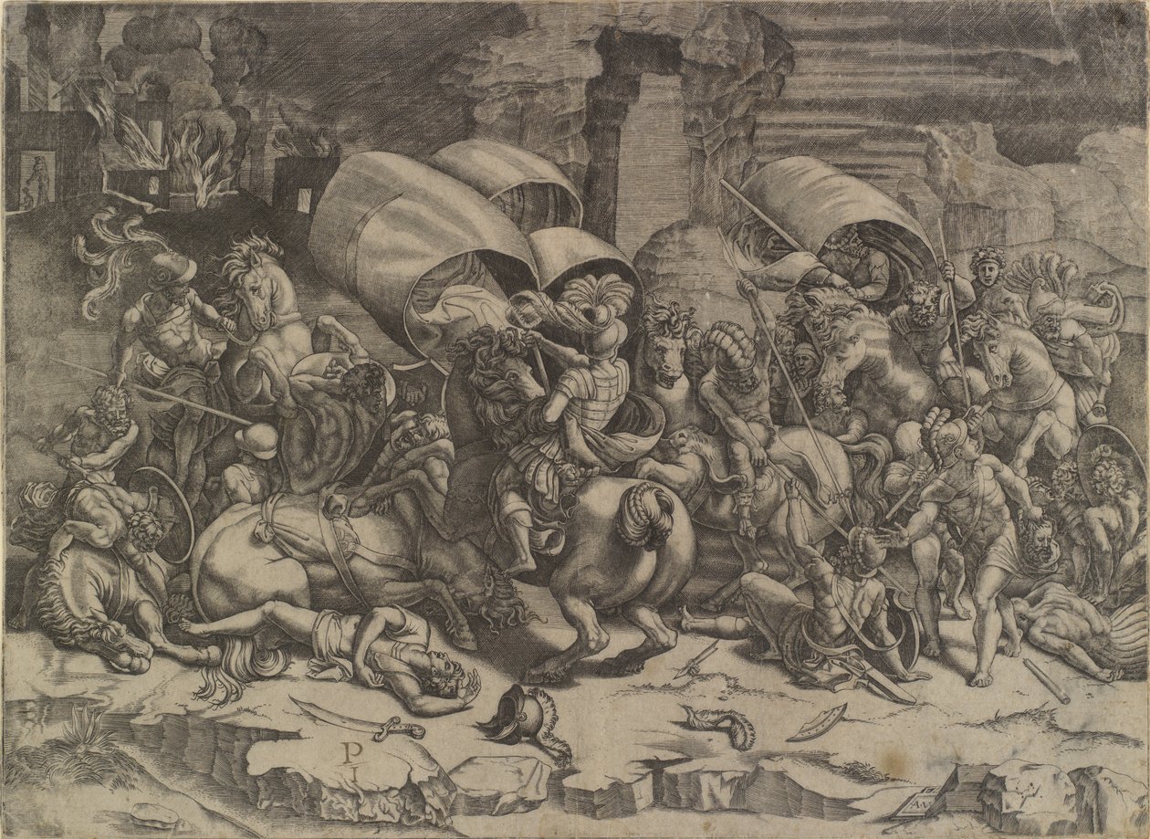 Scipio AfricanusとCarthageniansの戦い（「La Batailla Au Coutelas」） 作： アゴスティーノ・ヴェネツィアーノ