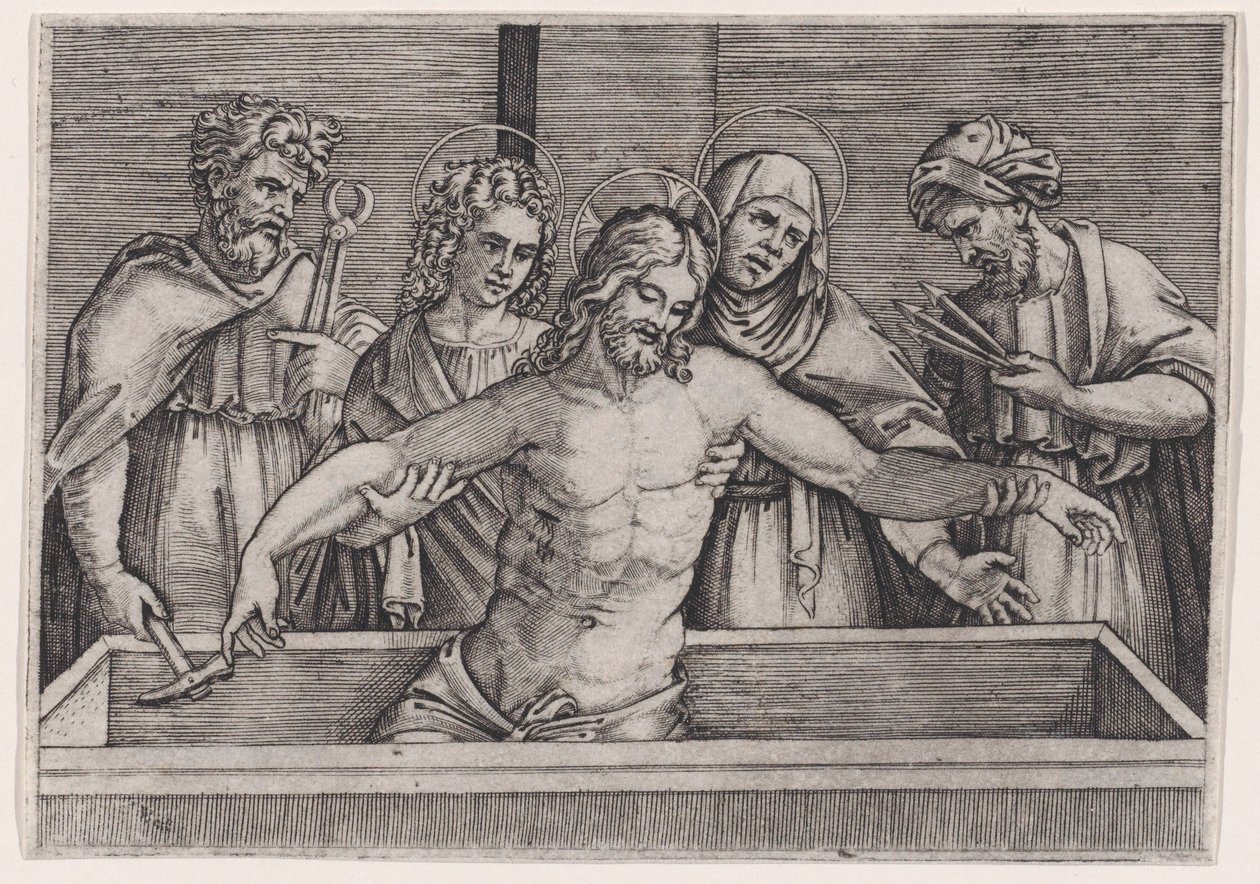 キリストの埋葬、約。 1514-36。 作： アゴスティーノ・ヴェネツィアーノ