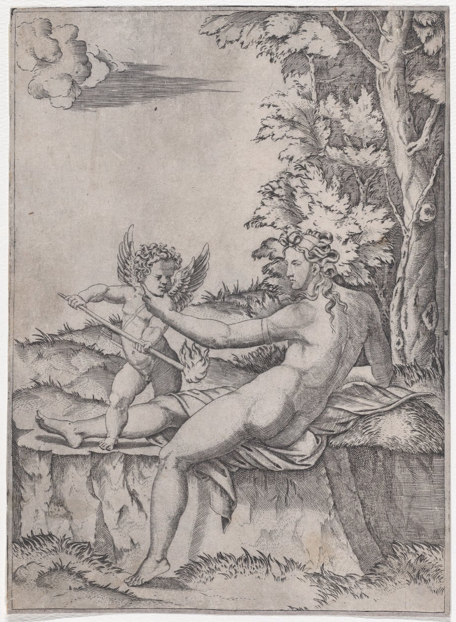 金星とエロス、約。 1514-36。 作： アゴスティーノ・ヴェネツィアーノ