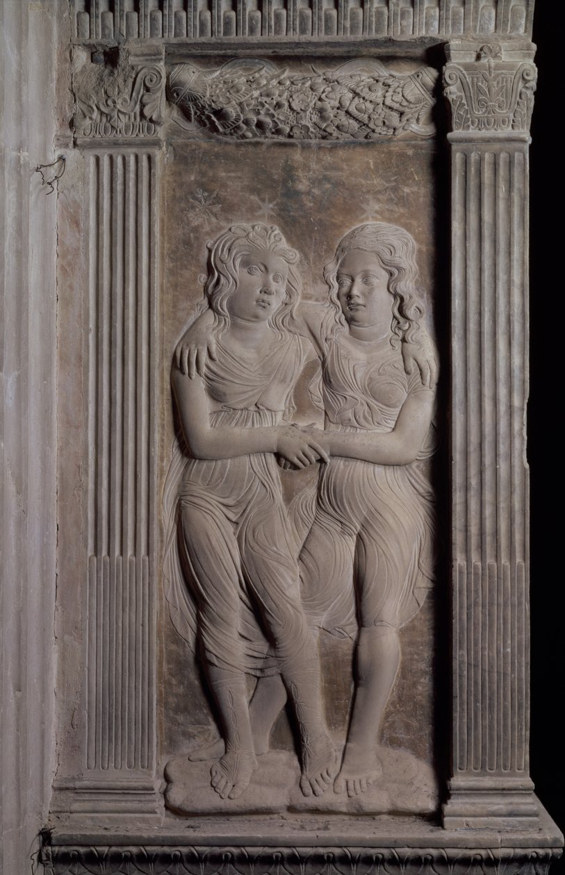 双子によって表されるジェミニ。惑星のシンボルと干支のサインを描いた一連のレリーフから、c.1450（石膏） 作： アゴスティーノ・ディ・ドゥッチョ