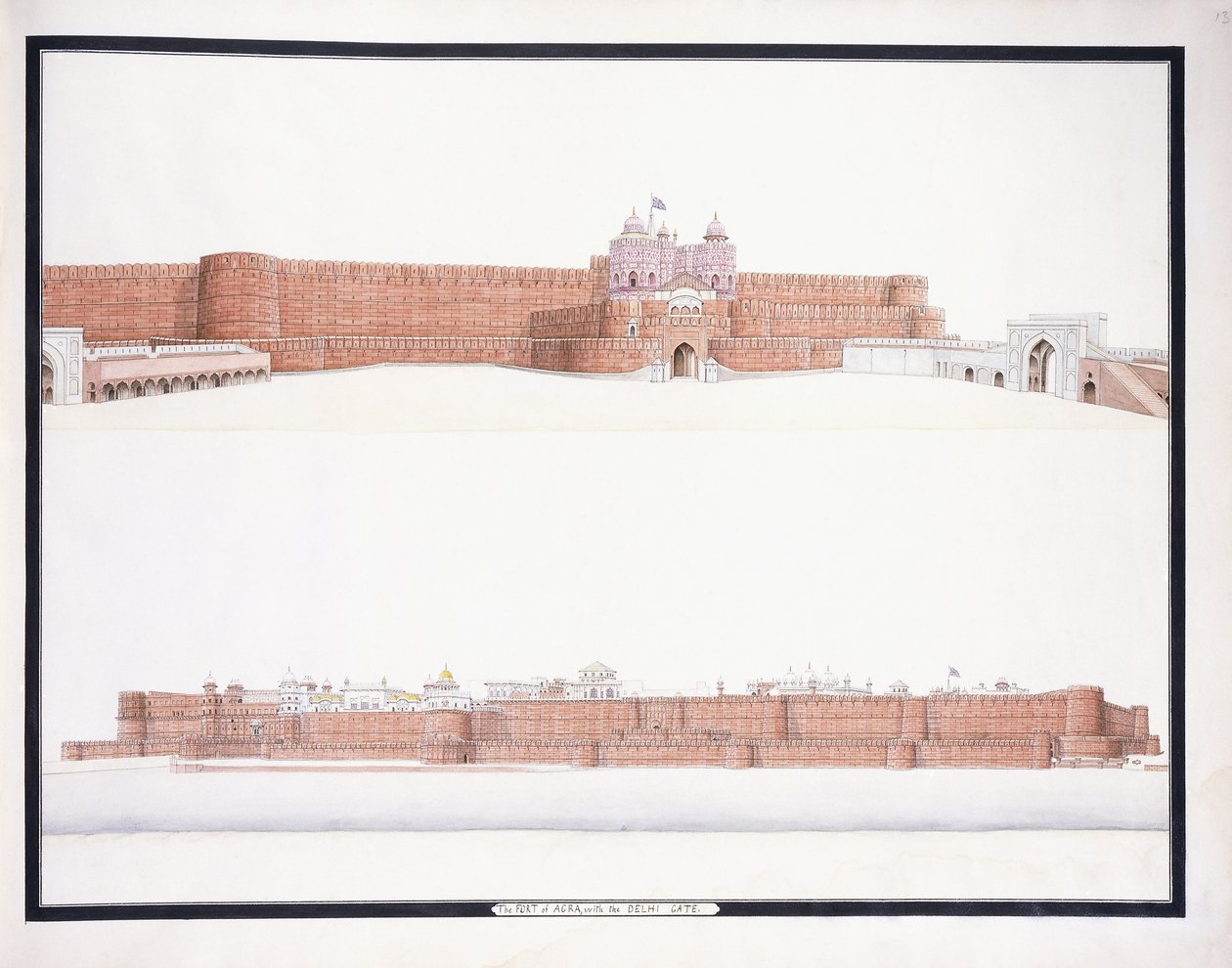 デリー門のあるアグラ城塞、c。 1815年 作： アーグラ学校