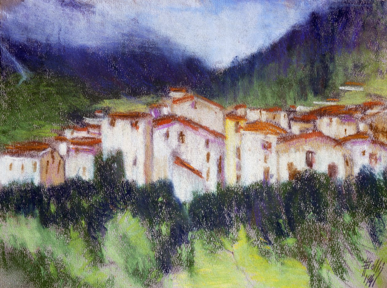 Alberico Balbi Valier (1869-1910年頃) 作のアルプスの風景、紙にパステル、24x32 cm。 イタリア 作： アルベリコバルビバリエ