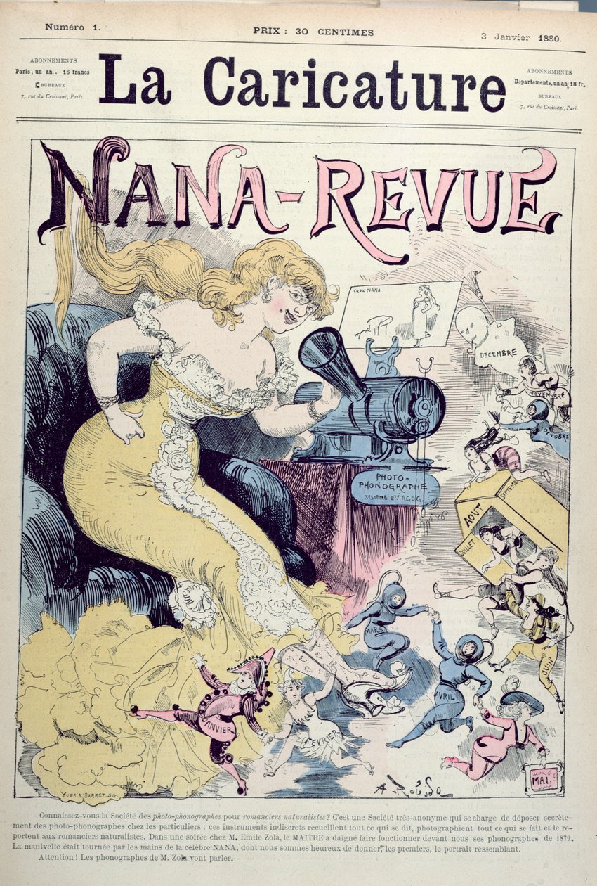1880年1月3日の「La Caricature」からのエミールゾラの作品のカリカチュアとリアリズム小説「Nana-Revue」 作： アルバート・ロビダ