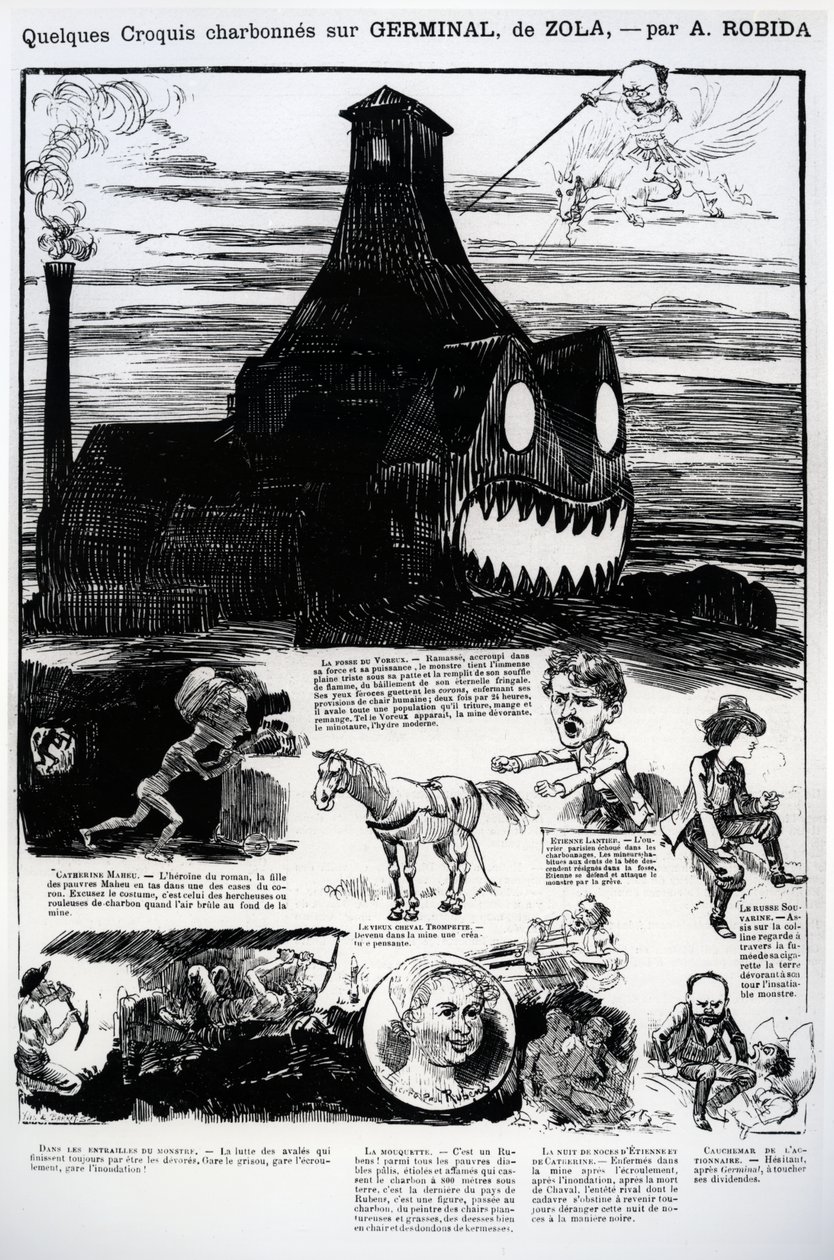1885年5月の「La Caricature」からのエミールゾラ（1804-1902）の小説「Germinal」からのスケッチ 作： アルバート・ロビダ