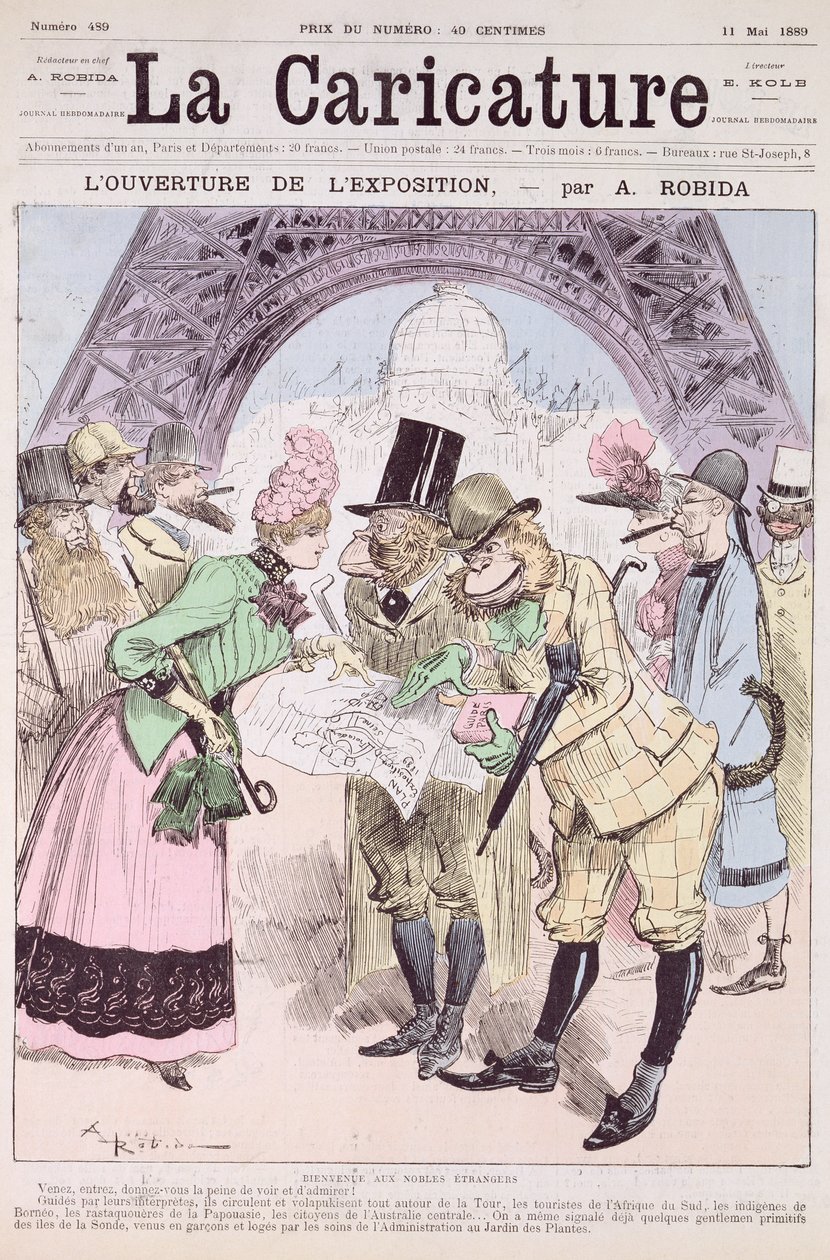 1889年5月11日の「ラカリカチュア」からの1889年の万国博覧会のオープニング 作： アルバート・ロビダ