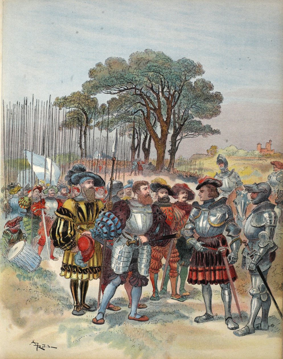 スイス人は、ビコッカで給与を要求します。これは、「Granco G. Toudouzeによる &39;Francois Ier：Le Roi Chevalier」のイラストです。 1909 作： アルバート・ロビダ