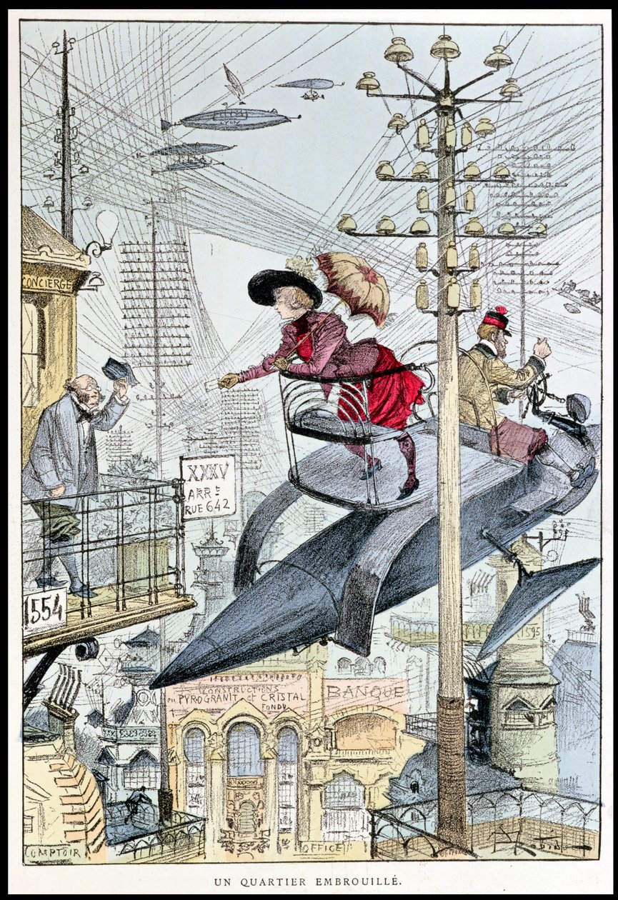 20世紀の風刺画「Un Quartier Embrouille」、「Le XXeme Siecle」、1890年頃 作： アルバート・ロビダ
