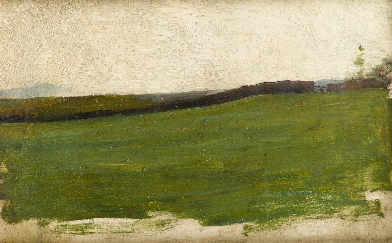 緑の草原と門のある壁のある風景、1900年頃（ラスボーンで準備されたアーティストのパネルに油彩） 作： アルベール・ド・ベルエロッシュ