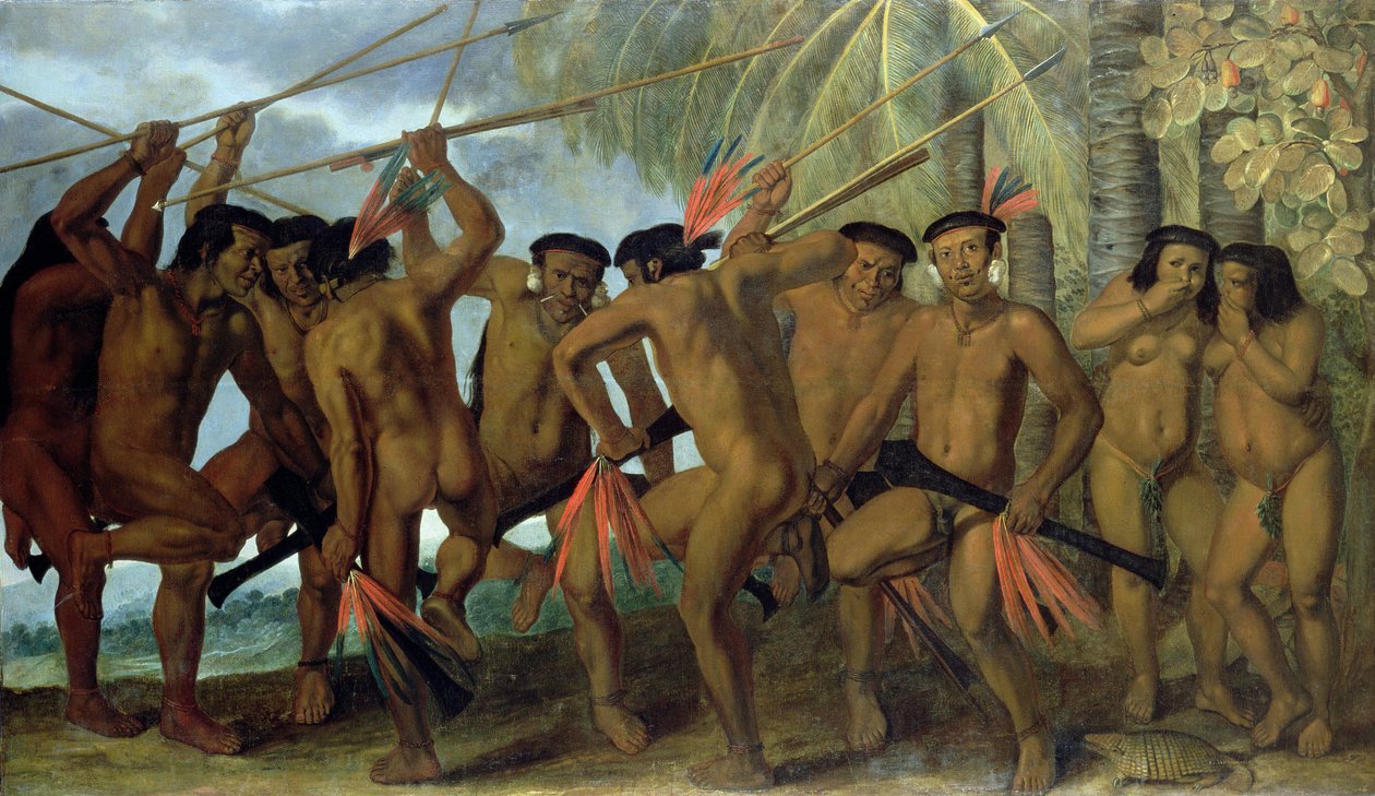 戦争のダンスでのブラジル北東部のタプヤの男性、1641 作： アルバート・ファン・デル・エックハウト