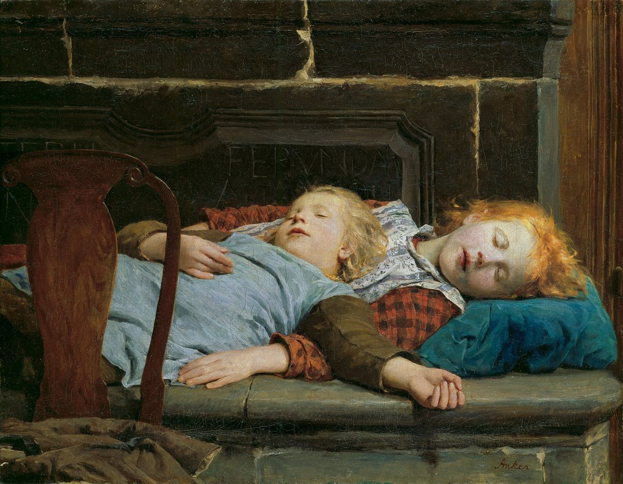 アルバート・アンカー (1831-1910) によるストーブのベンチで眠る 2 人の少女。 キャンバスに油彩 作： アルバート・アンカー
