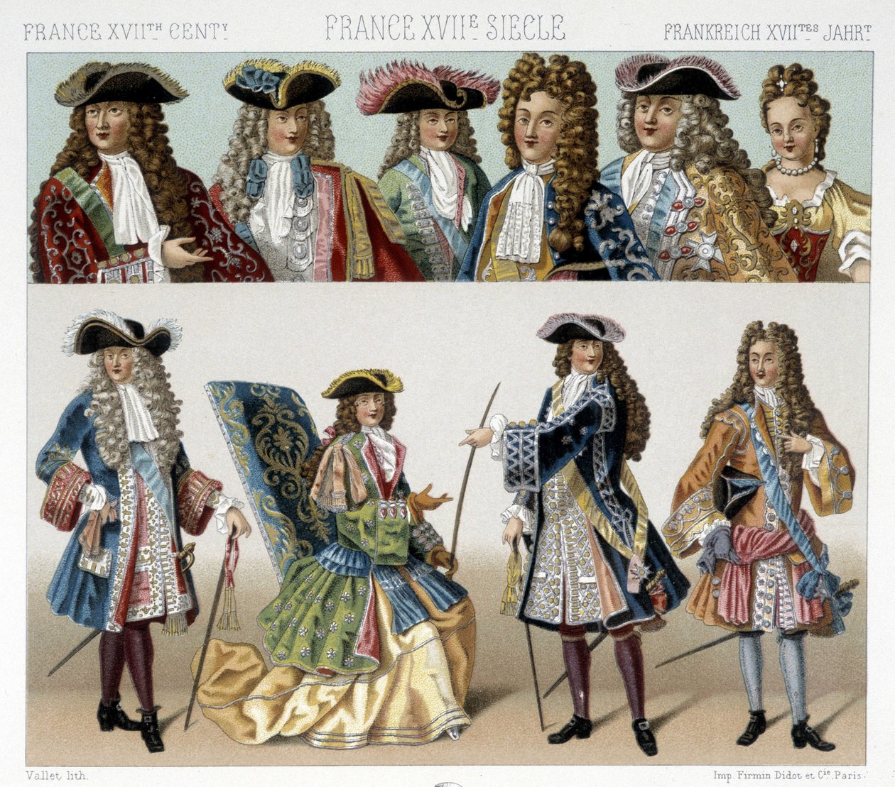 18世紀のフランス貴族の衣装と髪型。ラシネの「Le costume historique」に掲載されたイラスト 作： アルバートチャールズアウグストラシネ
