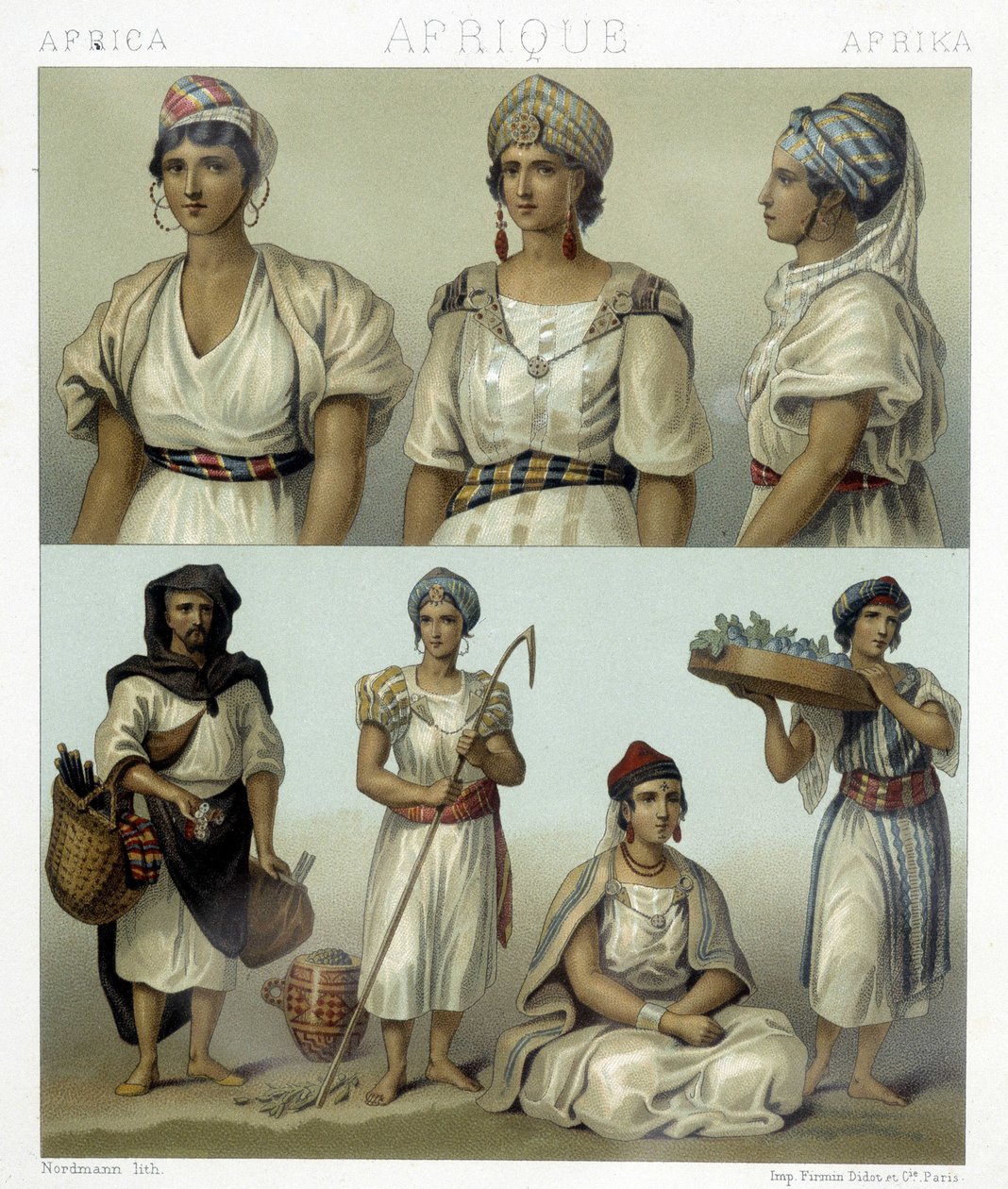 カビル族の女性の衣装と頭飾り（上）。チュニジアとアルジェリアの衣装（下）。Racinetによる「Le costume historique」のイラスト 作： アルバートチャールズアウグストラシネ