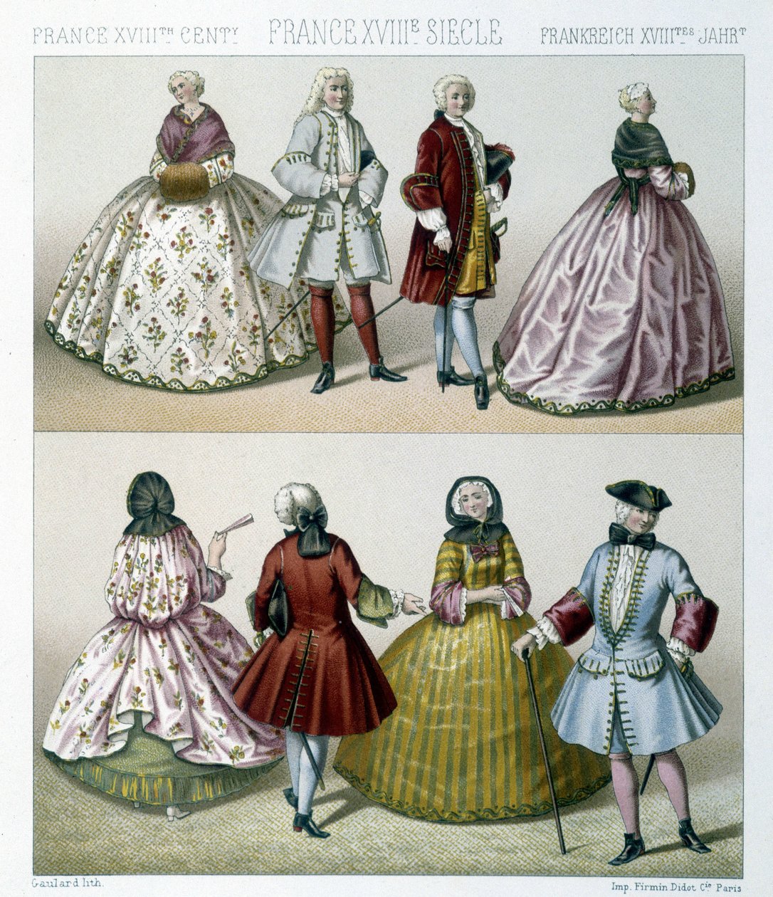18世紀にフランスで流行した衣装を着た男女。Racinetによる「Le costume historique」のイラスト 作： アルバートチャールズアウグストラシネ
