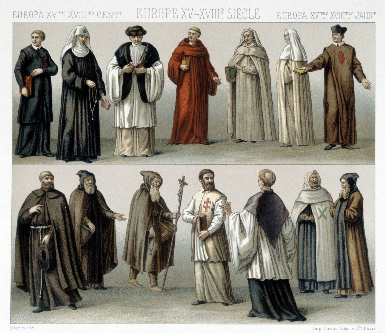 15世紀から18世紀のヨーロッパにおける修道院の衣装。ラシネの「Le costume historique」に掲載されたイラスト 作： アルバートチャールズアウグストラシネ