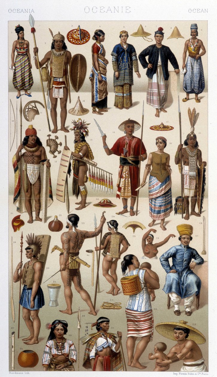 マレーシア、ポリネシア（オセアニア）の人々。ラシネによる「Le costume historique」のイラスト 作： アルバートチャールズアウグストラシネ